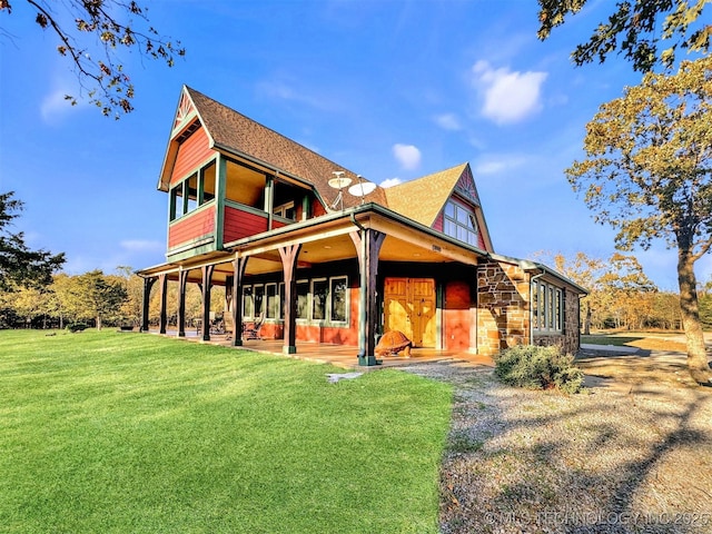 20965 W 921st Rd, Cookson, OK 74427 - rear view of house featuring a lawn, stone siding, a patio area, and roof with shingles