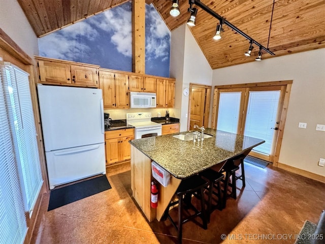 20965 W 921st Rd, Cookson, OK 74427 - kitchen with white appliances, wood ceiling, a sink, high vaulted ceiling, and track lighting