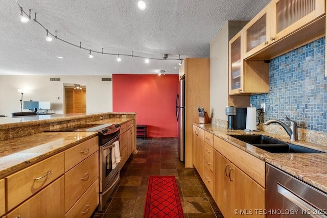 1502 S Boulder Ave Unit 16Cd, Tulsa, OK 74119 - kitchen with appliances with stainless steel finishes, a sink, light stone counters, glass insert cabinets, and a textured ceiling