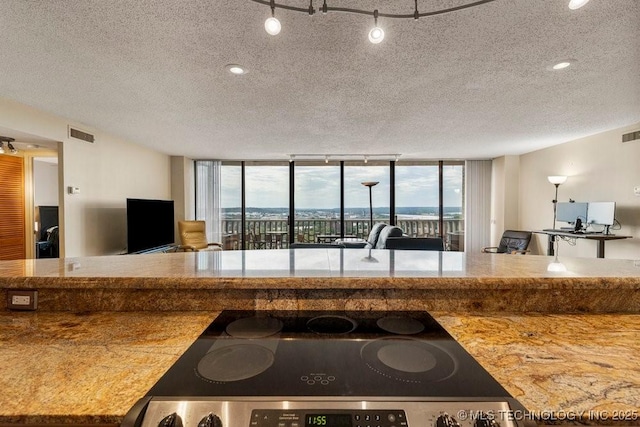 1502 S Boulder Ave Unit 16Cd, Tulsa, OK 74119 - kitchen featuring a textured ceiling, track lighting, stovetop, healthy amount of natural light, and a wall of windows