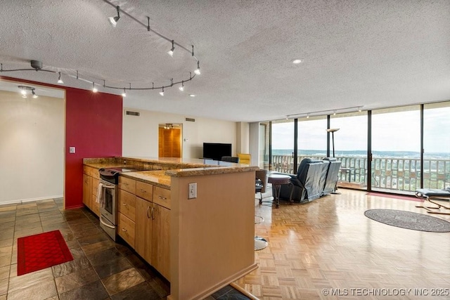 1502 S Boulder Ave Unit 16Cd, Tulsa, OK 74119 - kitchen featuring a wall of windows, stainless steel electric range oven, a textured ceiling, a peninsula, and open floor plan