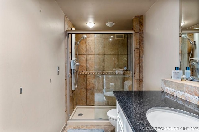 1502 S Boulder Ave Unit 16Cd, Tulsa, OK 74119 - bathroom with vanity, a shower stall, and toilet