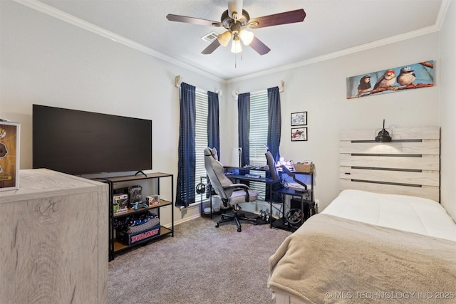 1631 Augusta, Ada, OK 74820 - carpeted bedroom featuring crown molding, a ceiling fan, an office area, and baseboards
