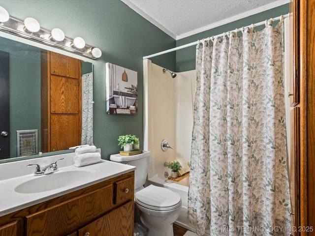 324 2019th Rd, Bartlesville, OK 74003 - bathroom with vanity, toilet, shower / bath combination with curtain, a textured ceiling, and ornamental molding