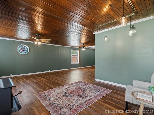 324 2019th Rd, Bartlesville, OK 74003 - living room featuring a ceiling fan, baseboards, wooden ceiling, rail lighting, and wood finished floors