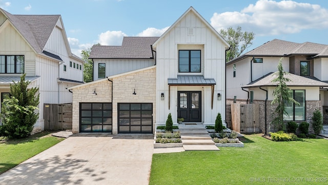 1038 E 38th Pl, Tulsa, OK 74105 - modern inspired farmhouse with concrete driveway, an attached garage, a gate, and board and batten siding