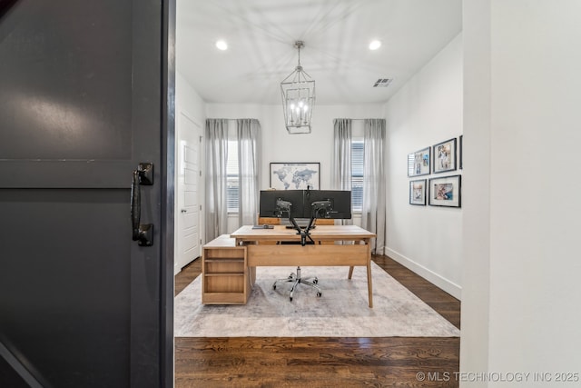 1038 E 38th Pl, Tulsa, OK 74105 - office area with dark wood-style flooring, recessed lighting, a chandelier, and baseboards
