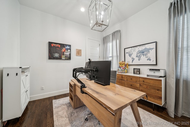1038 E 38th Pl, Tulsa, OK 74105 - office featuring a chandelier, dark wood-style flooring, and baseboards
