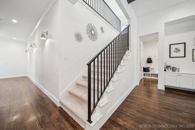 1038 E 38th Pl, Tulsa, OK 74105 - stairway featuring wood finished floors, baseboards, ornamental molding, and recessed lighting
