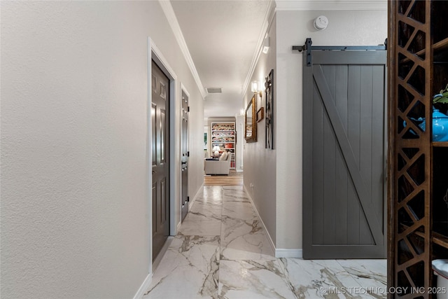 7724 S 83rd E Ave, Tulsa, OK 74133 - hallway featuring light marble finish floors, baseboards, a barn door, and ornamental molding