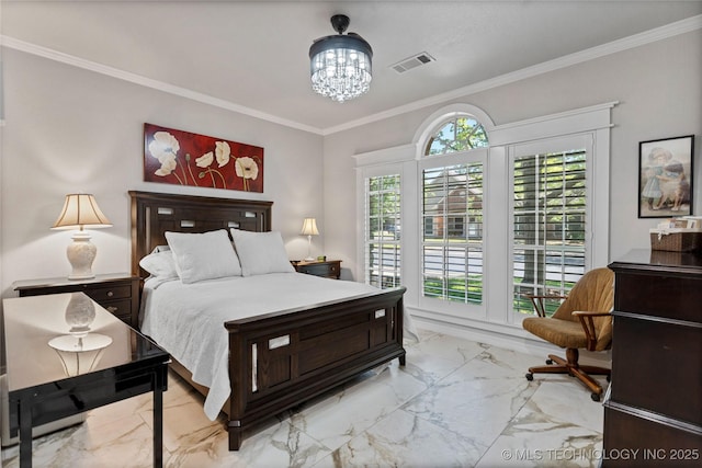 7724 S 83rd E Ave, Tulsa, OK 74133 - bedroom featuring marble finish flooring, crown molding, and a chandelier