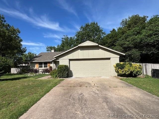 1800 N 26th St, Broken Arrow, OK 74014 - ranch-style home featuring a garage, driveway, board and batten siding, a chimney, and brick siding