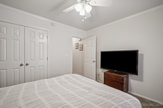 11210 N 131st E Pl, Owasso, OK 74055 - bedroom with ornamental molding, carpet, ceiling fan, a closet, and baseboards