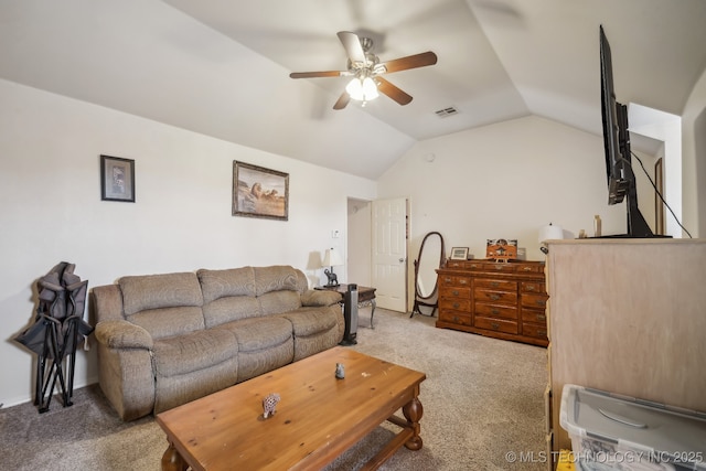 11210 N 131st E Pl, Owasso, OK 74055 - carpeted living room featuring a ceiling fan and vaulted ceiling