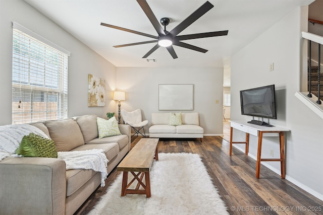 5144 S 34th W Ave, Tulsa, OK 74107 - living room featuring stairs, a ceiling fan, dark wood finished floors, and baseboards