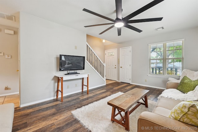 5144 S 34th W Ave, Tulsa, OK 74107 - living area featuring wood finished floors, ceiling fan, stairs, and baseboards