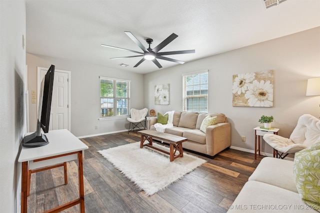5144 S 34th W Ave, Tulsa, OK 74107 - living room with healthy amount of natural light, a ceiling fan, dark wood-style flooring, and baseboards