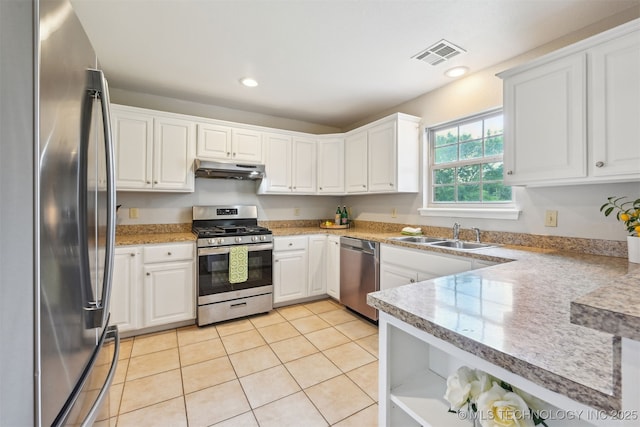 5144 S 34th W Ave, Tulsa, OK 74107 - kitchen featuring appliances with stainless steel finishes, a sink, under cabinet range hood, white cabinetry, and recessed lighting