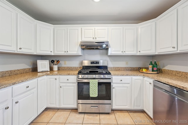5144 S 34th W Ave, Tulsa, OK 74107 - kitchen featuring stainless steel appliances, under cabinet range hood, white cabinets, light tile patterned floors, and light countertops