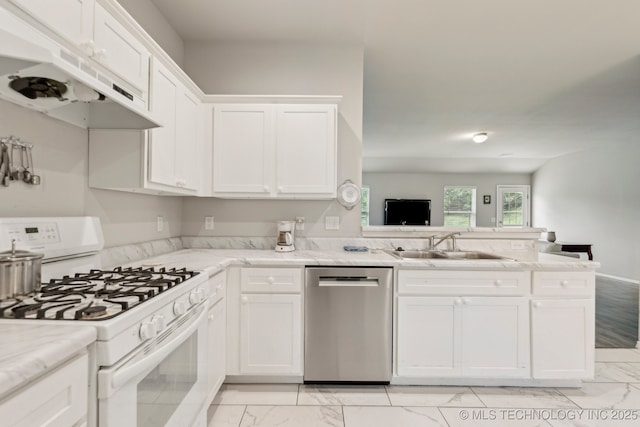 1309 W Missouri Ave, Claremore, OK 74019 - kitchen with dishwasher, white gas range, light marble finish floors, and under cabinet range hood