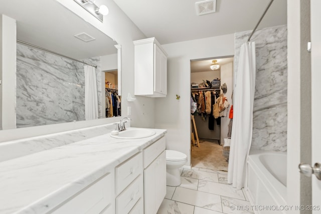 1309 W Missouri Ave, Claremore, OK 74019 - bathroom with marble finish flooring, vanity, toilet, a walk in closet, and shower / bath combination with curtain