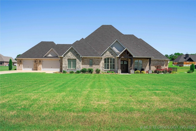 1580 Dawson Dr, Fort Gibson, OK 74434 - french provincial home with a front yard, concrete driveway, roof with shingles, a garage, and brick siding