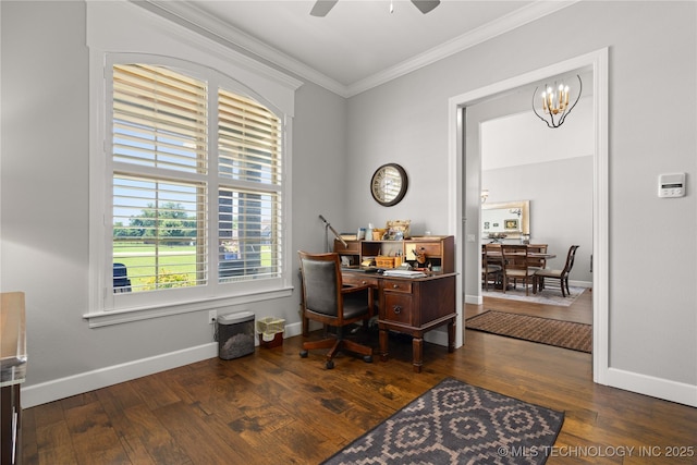 1580 Dawson Dr, Fort Gibson, OK 74434 - office featuring ornamental molding, wood finished floors, a ceiling fan, and baseboards