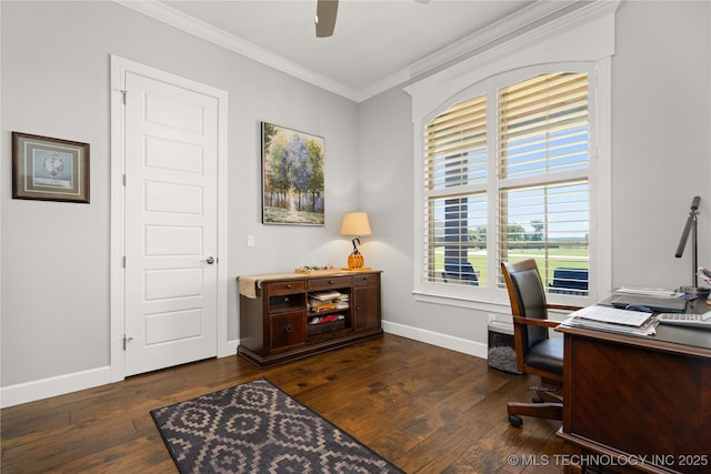 1580 Dawson Dr, Fort Gibson, OK 74434 - office space featuring ornamental molding, a ceiling fan, baseboards, and hardwood / wood-style floors