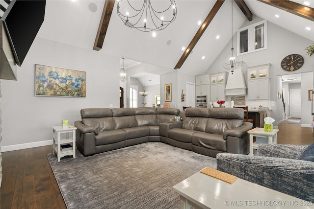 1580 Dawson Dr, Fort Gibson, OK 74434 - living room featuring a chandelier, high vaulted ceiling, beamed ceiling, dark wood-type flooring, and baseboards