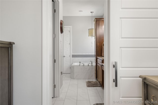 1580 Dawson Dr, Fort Gibson, OK 74434 - full bath featuring a bath, vanity, and marble finish flooring