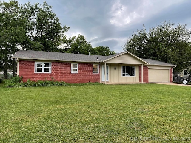 422 N Forest St, Jenks, OK 74037 - ranch-style home with a garage, brick siding, a front yard, and board and batten siding
