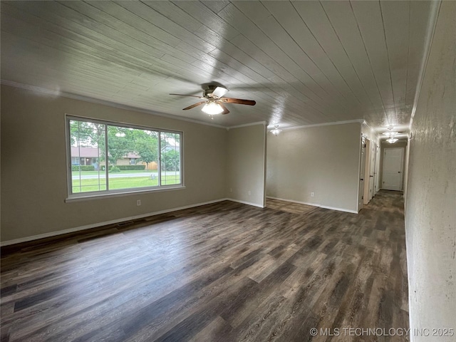 422 N Forest St, Jenks, OK 74037 - spare room with ceiling fan, crown molding, dark wood finished floors, baseboards, and wooden ceiling