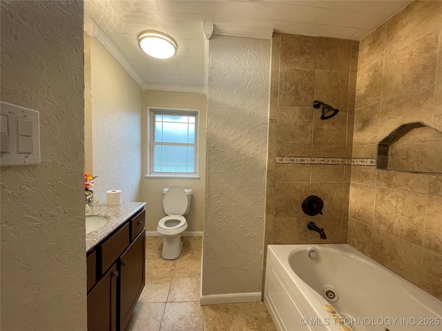 422 N Forest St, Jenks, OK 74037 - full bath featuring a textured wall, crown molding, toilet, vanity, and a combined bath / shower with jetted tub