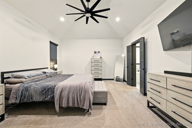 5807 E 128th St S, Bixby, OK 74008 - bedroom featuring light colored carpet, high vaulted ceiling, ceiling fan, and recessed lighting