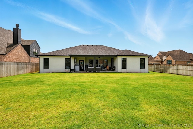 5807 E 128th St S, Bixby, OK 74008 - rear view of house with ceiling fan, stucco siding, a patio, and roof with shingles