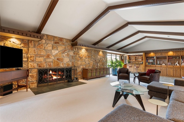 6232 S Jamestown Ave, Tulsa, OK 74136 - living area with a stone fireplace, carpet floors, and built in features