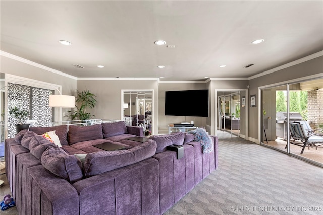 6232 S Jamestown Ave, Tulsa, OK 74136 - living room with recessed lighting, carpet, crown molding, and baseboards