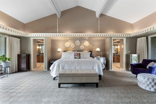 6232 S Jamestown Ave, Tulsa, OK 74136 - bedroom with light carpet, high vaulted ceiling, ensuite bathroom, and beamed ceiling