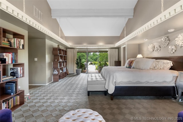 6232 S Jamestown Ave, Tulsa, OK 74136 - carpeted bedroom with beamed ceiling, high vaulted ceiling, and baseboards