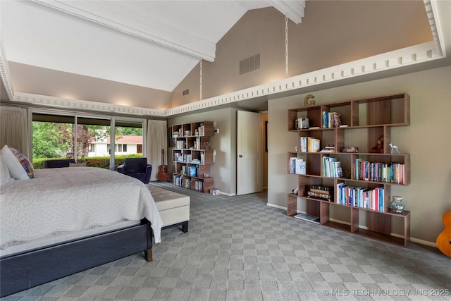 6232 S Jamestown Ave, Tulsa, OK 74136 - carpeted bedroom featuring baseboards, beamed ceiling, and high vaulted ceiling