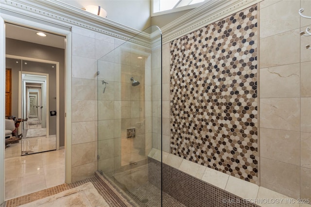 6232 S Jamestown Ave, Tulsa, OK 74136 - bathroom with walk in shower, tile patterned floors, and recessed lighting