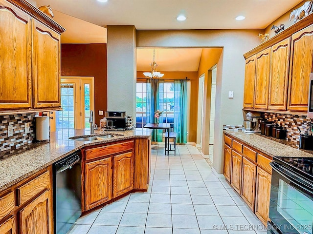 418847 E 1208th Rd, Eufaula, OK 74432 - kitchen with black appliances, a sink, backsplash, light tile patterned floors, and brown cabinets