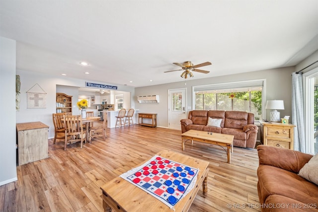 55890 E 315th Rd, Jay, OK 74346 - living area with light wood-type flooring, a ceiling fan, recessed lighting, and baseboards