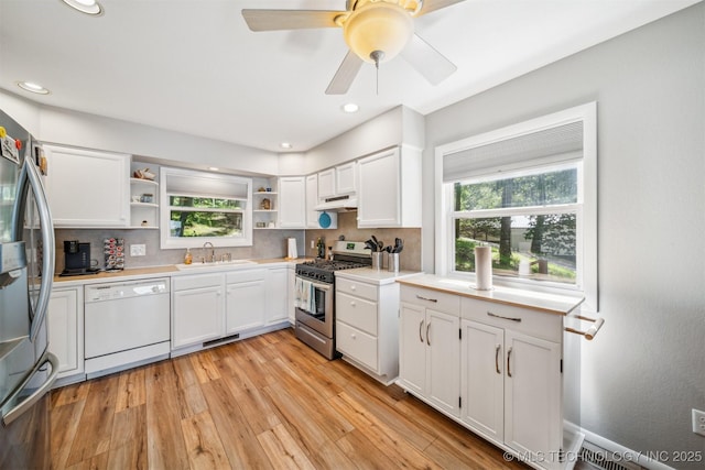 55890 E 315th Rd, Jay, OK 74346 - kitchen with stainless steel appliances, a sink, open shelves, under cabinet range hood, and light countertops