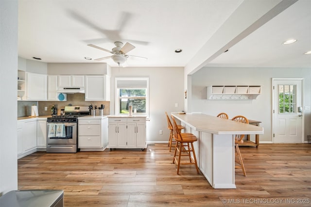 55890 E 315th Rd, Jay, OK 74346 - kitchen with stainless steel gas stove, under cabinet range hood, a kitchen bar, white cabinetry, and a ceiling fan