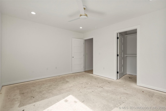 3917 S Madison Ave, Tulsa, OK 74105 - unfurnished bedroom featuring recessed lighting, a ceiling fan, baseboards, and a walk in closet