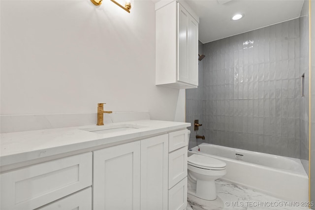 3917 S Madison Ave, Tulsa, OK 74105 - bathroom with toilet, marble finish flooring, bathing tub / shower combination, vanity, and recessed lighting