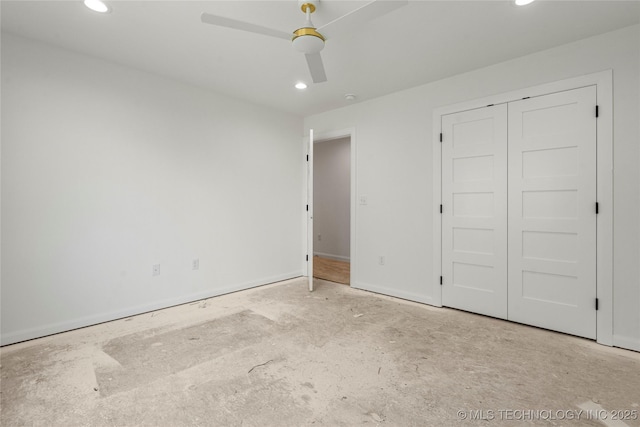 3917 S Madison Ave, Tulsa, OK 74105 - unfurnished bedroom featuring recessed lighting, ceiling fan, baseboards, and a closet