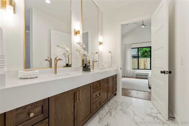 3917 S Madison Ave, Tulsa, OK 74105 - full bath with marble finish flooring, double vanity, lofted ceiling, and recessed lighting