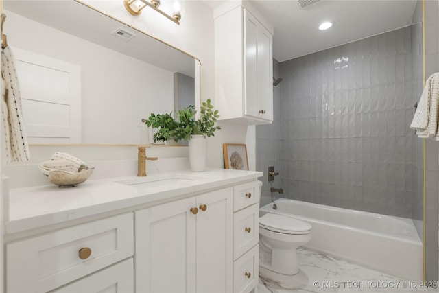 3917 S Madison Ave, Tulsa, OK 74105 - bathroom with vanity, recessed lighting, marble look tiles, and shower / bath combination